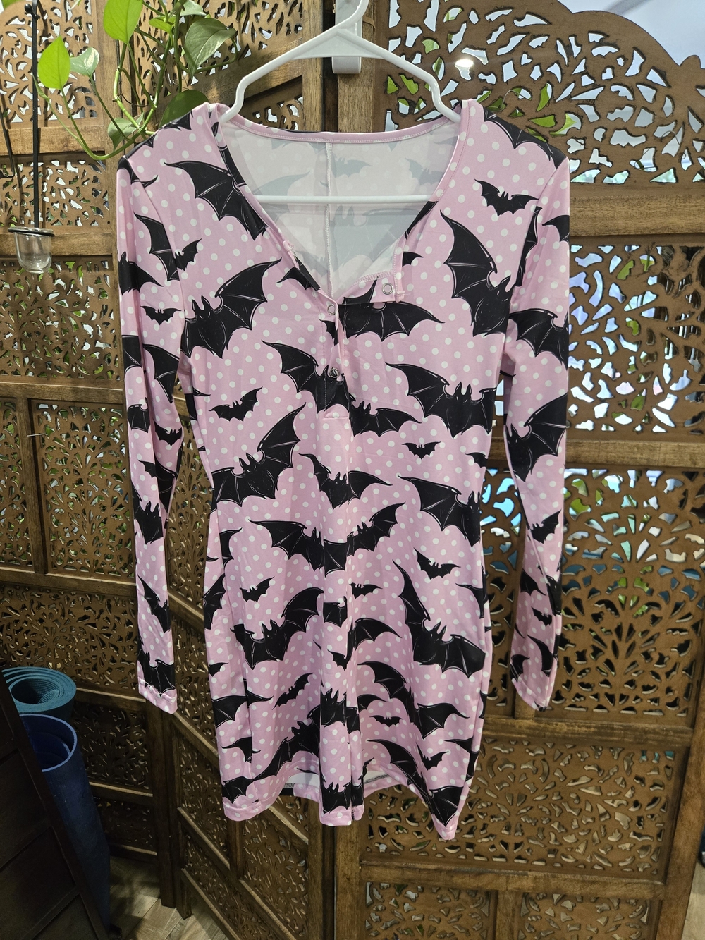 Women’s Pink Bat-Print Long Sleeve Romper